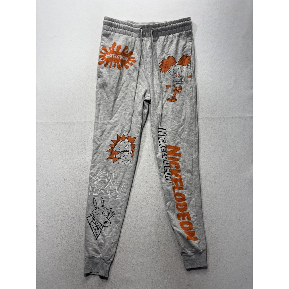 Nickelodeon Jogger Pants Mens Small Gray Fleece Elastic Waist Hey Arnold Rugrats